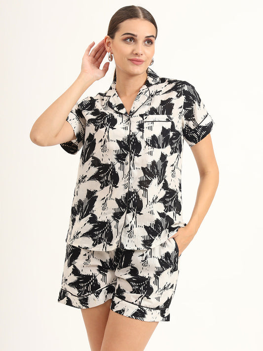 Black & White Asymetric Print Pure Cotton Regular Night Suit