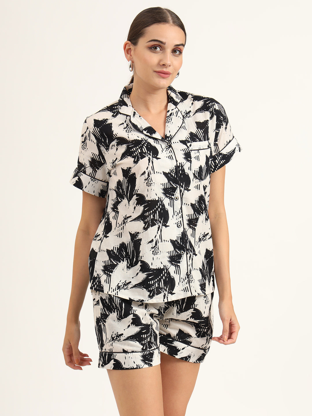Black & White Asymetric Print Pure Cotton Regular Night Suit