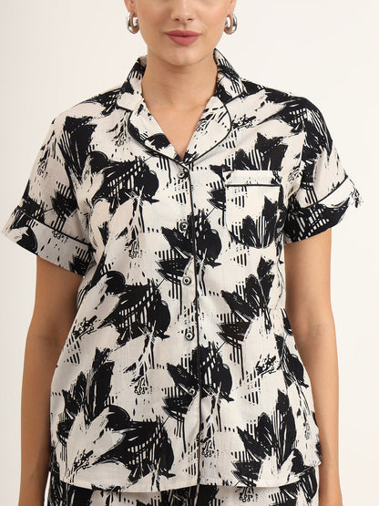 Black & White Asymetric Print Pure Cotton Regular Night Suit