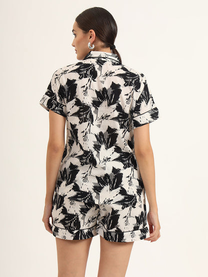 Black & White Asymetric Print Pure Cotton Regular Night Suit