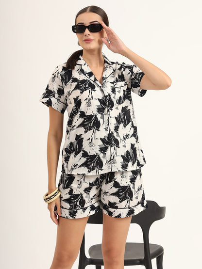 Black & White Asymetric Print Pure Cotton Regular Night Suit