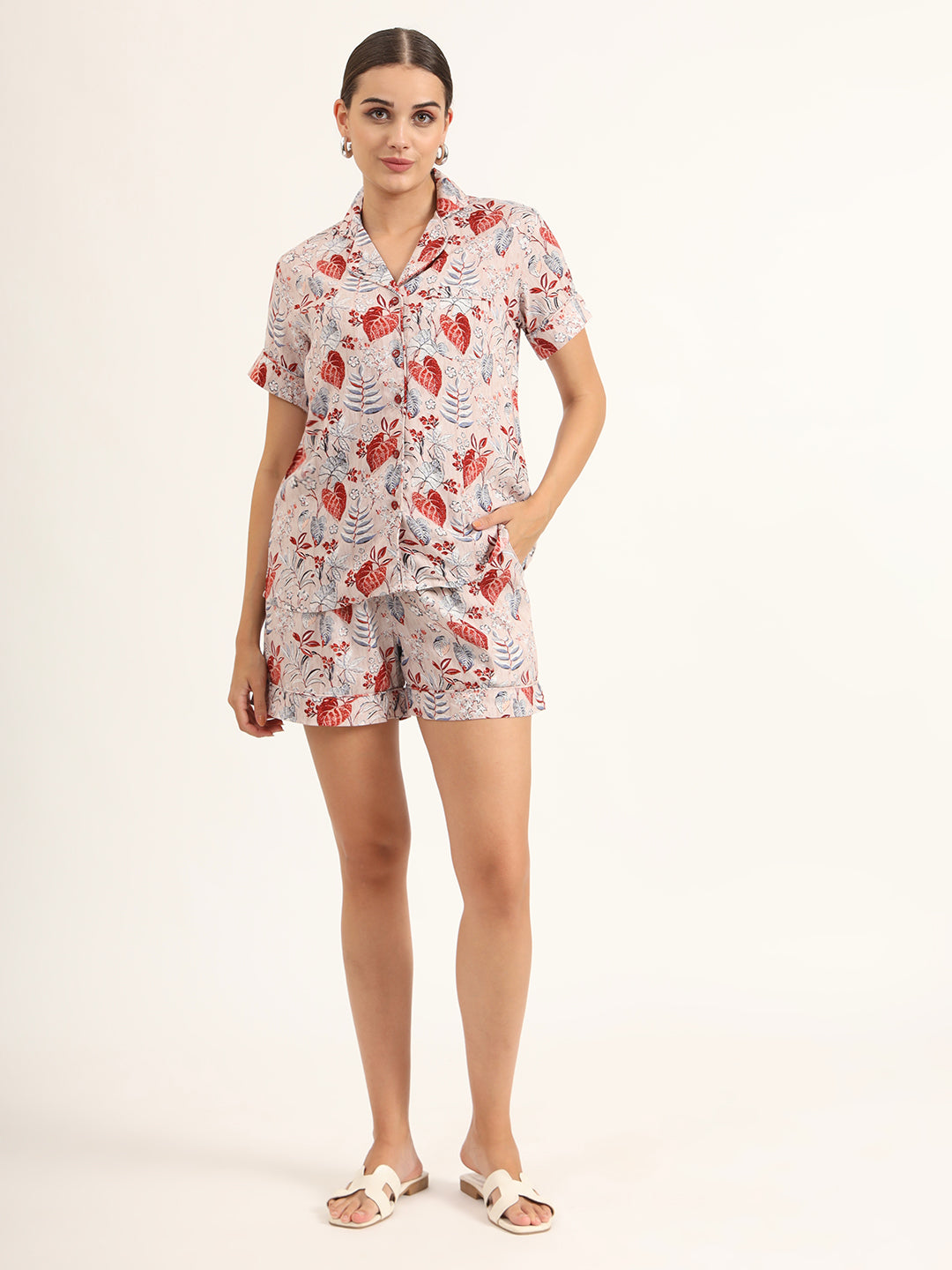 Multicolour Floral Print Rayon Regular Short Night Suit