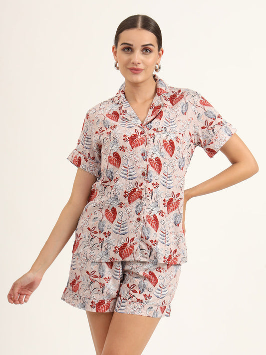 Multicolour Floral Print Rayon Regular Short Night Suit