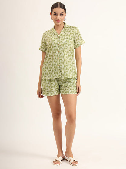 Green Printed Pure Cotton Night Suit