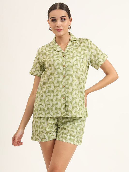 Green Printed Pure Cotton Night Suit