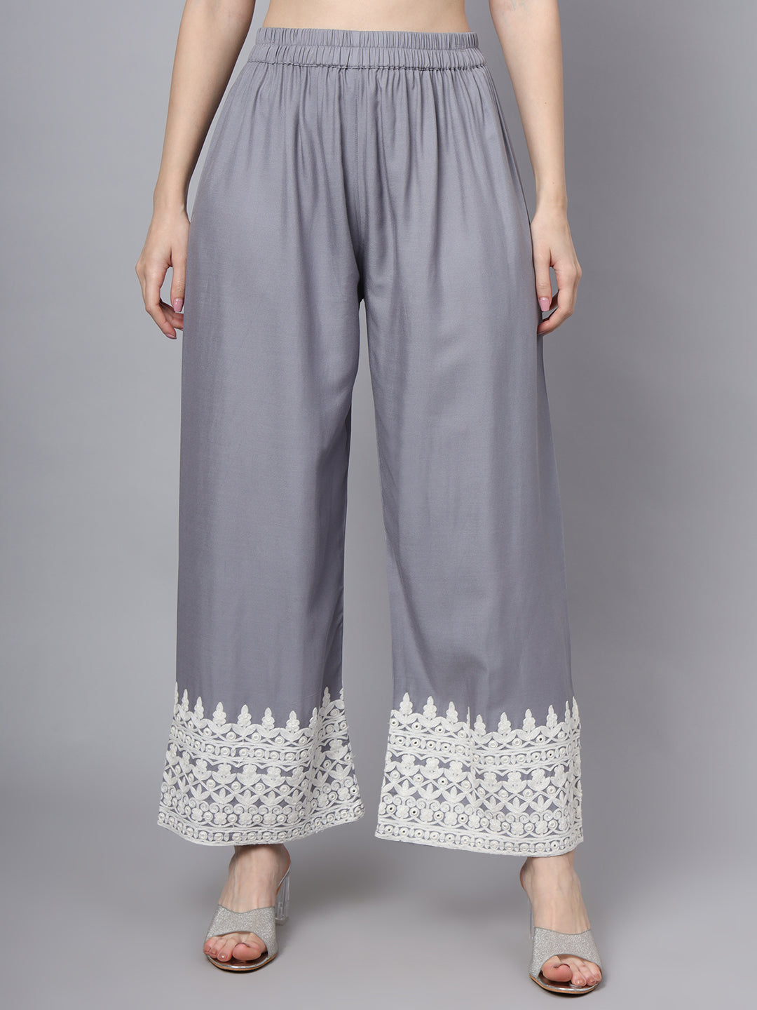 White Blue Motif Print Rayon Kurta Palazzo Sets for Women