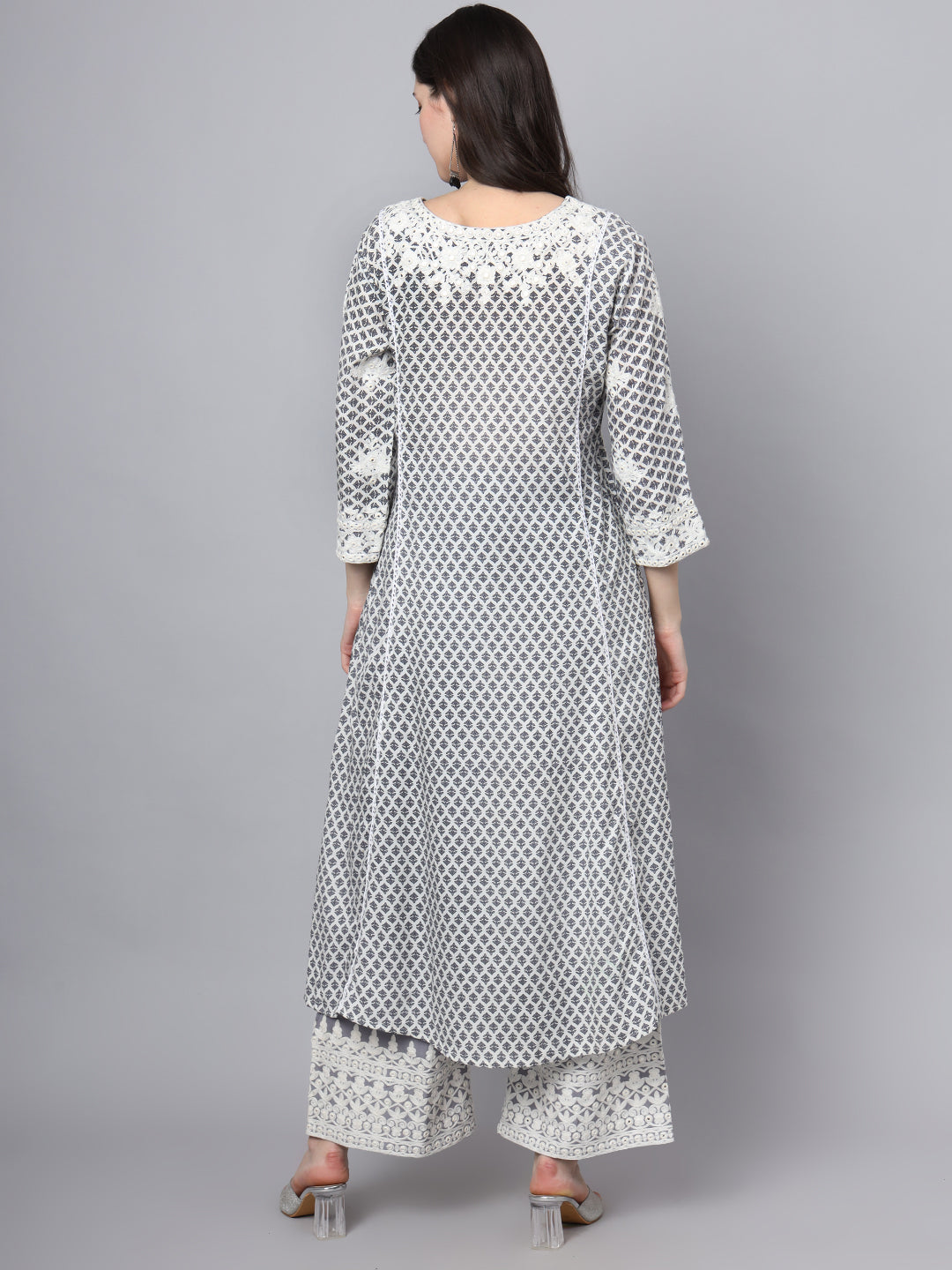White Blue Motif Print Rayon Kurta Palazzo Sets for Women