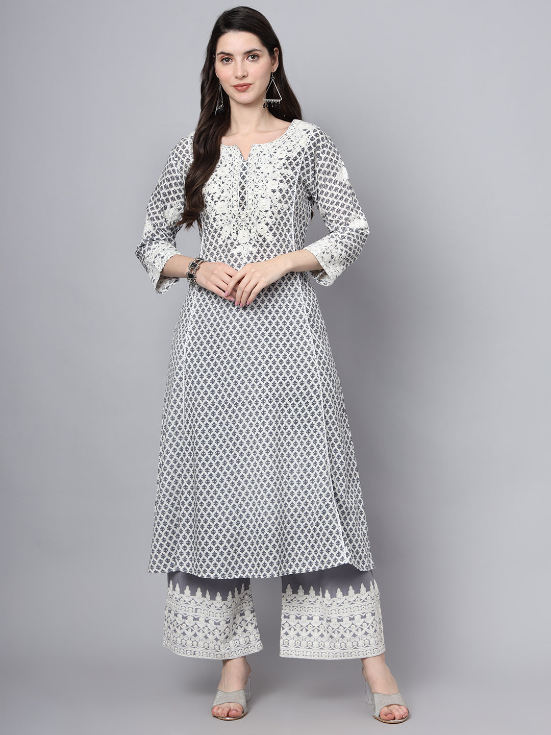 White Blue Motif Print Rayon Kurta Palazzo Sets for Women