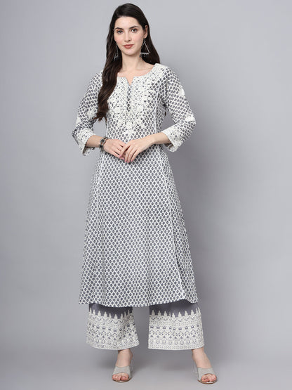 White Blue Motif Print Rayon Kurta Palazzo Sets for Women