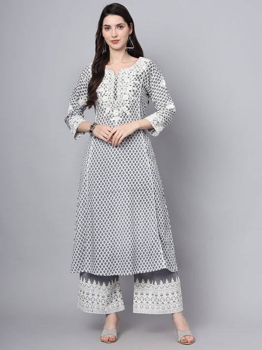 White Blue Motif Print Rayon Kurta Palazzo Sets for Women