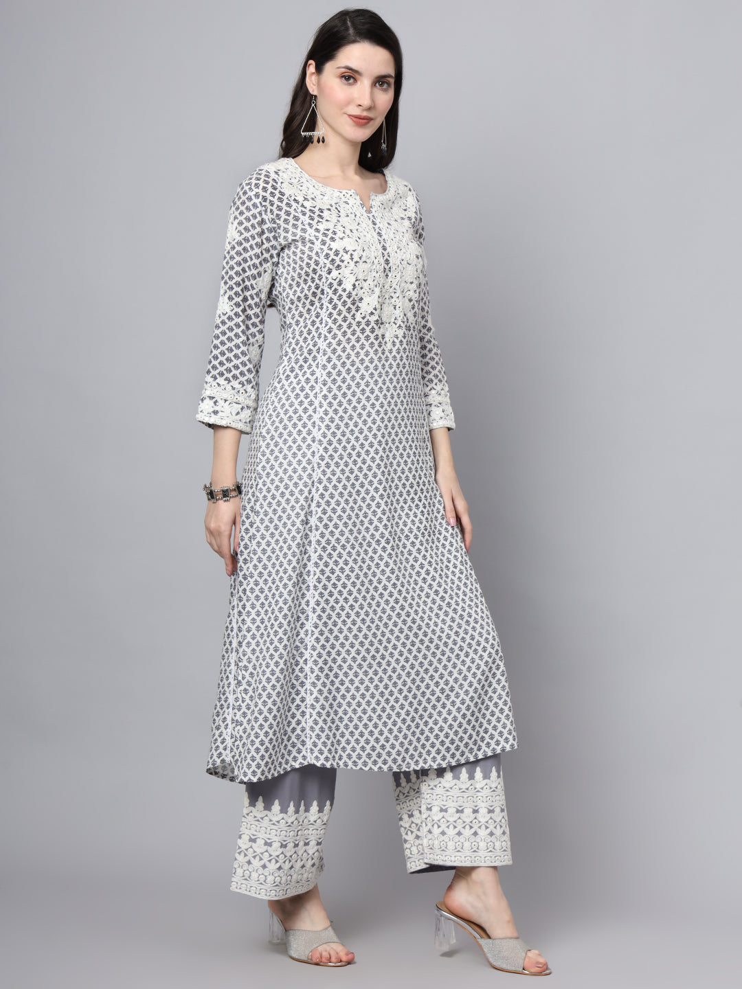 White Blue Motif Print Rayon Kurta Palazzo Sets for Women