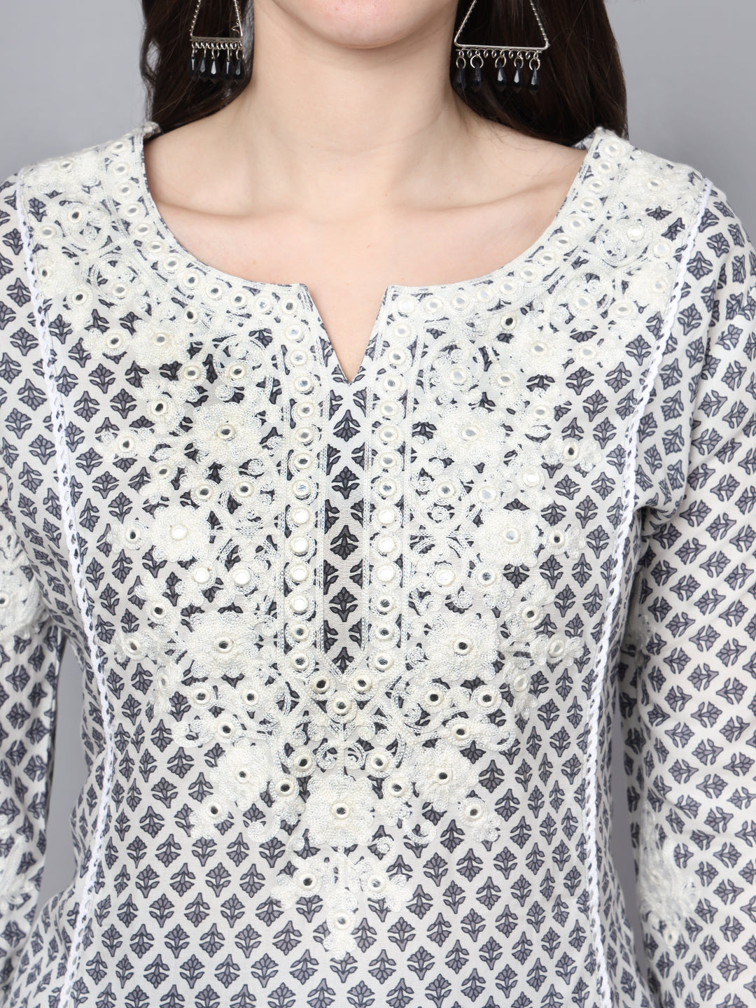 White Blue Motif Print Rayon Kurta Palazzo Sets for Women