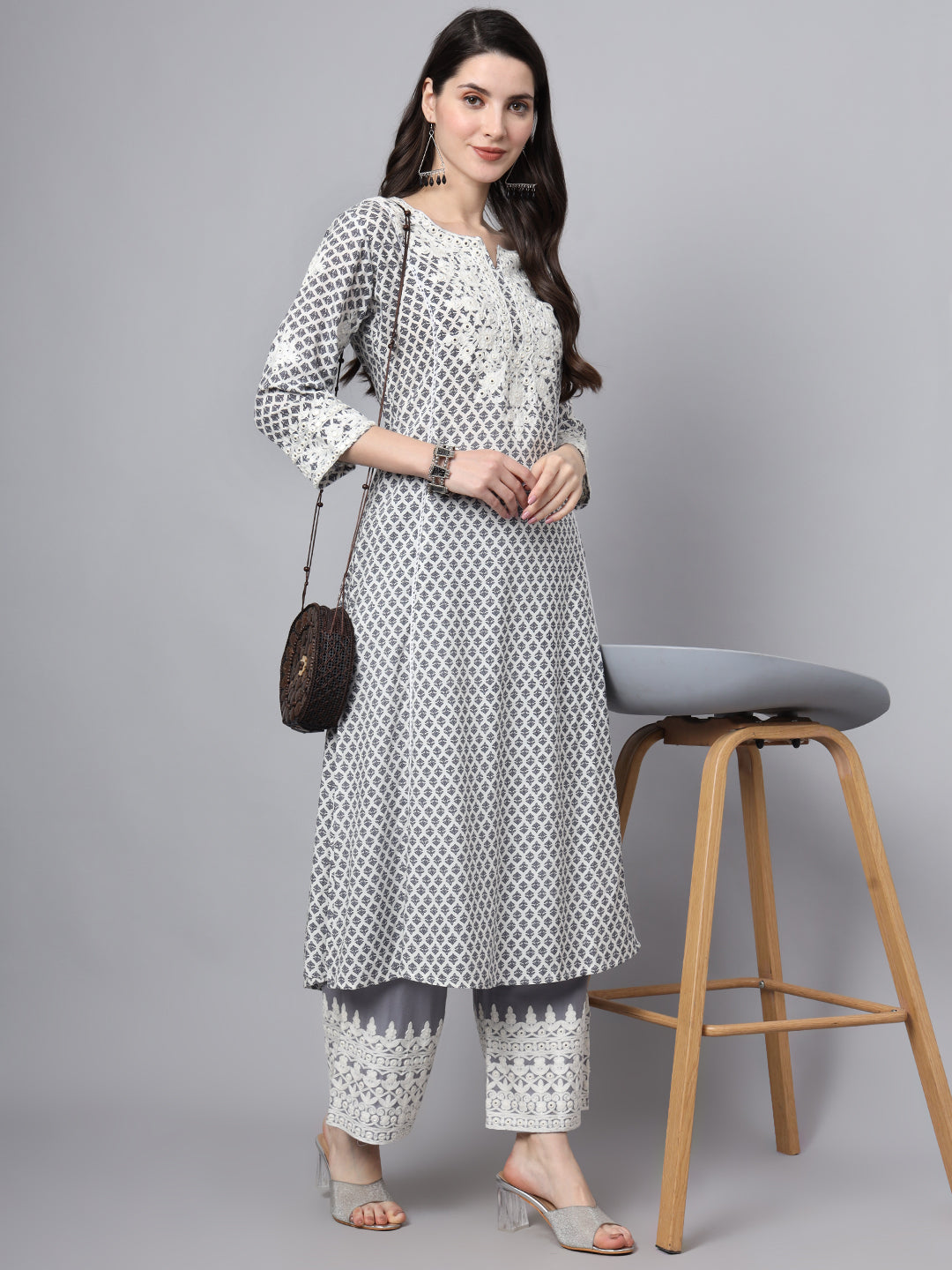 White Blue Motif Print Rayon Kurta Palazzo Sets for Women