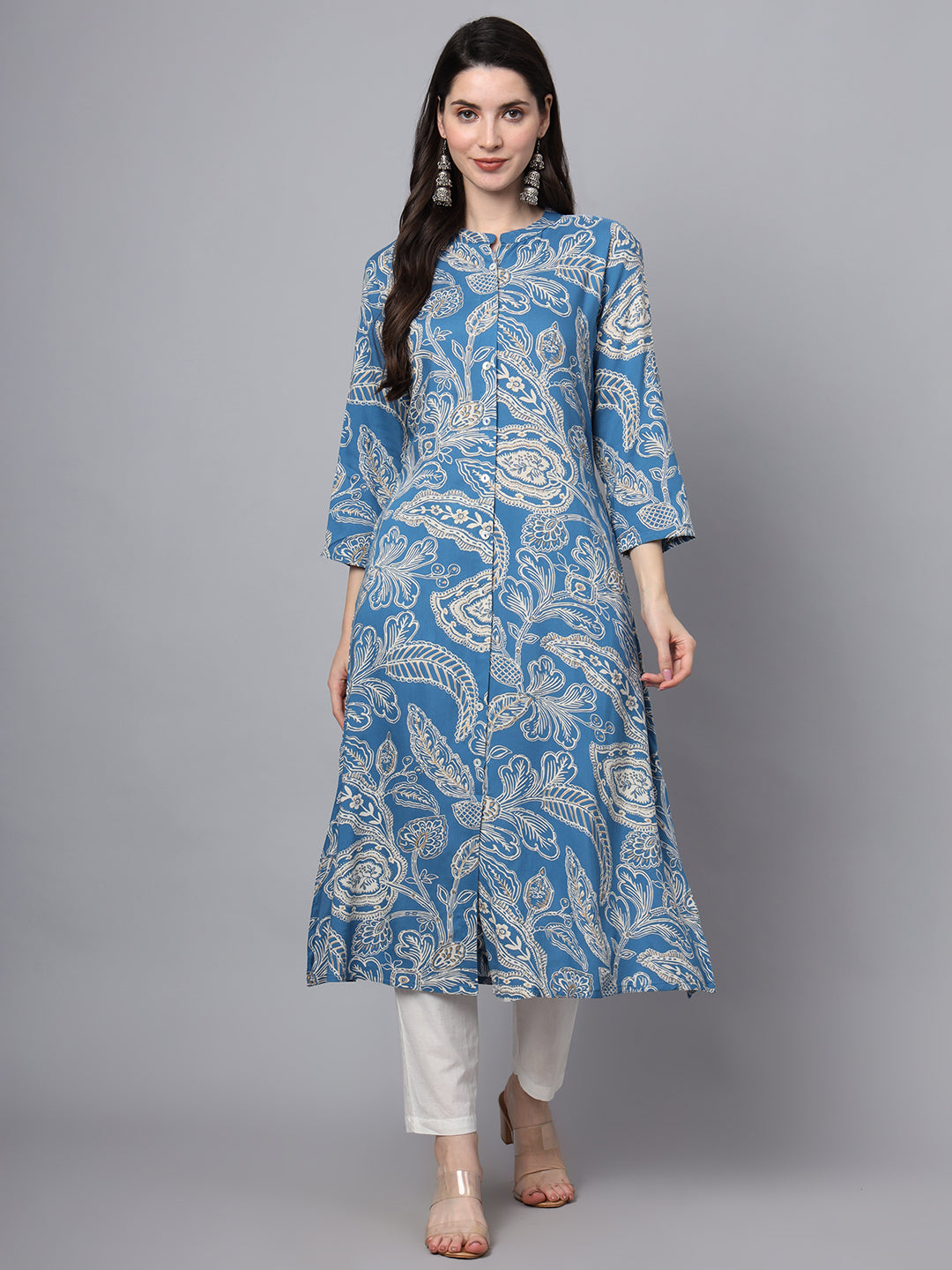 Blue Rayon Printed-A-Line Kurta
