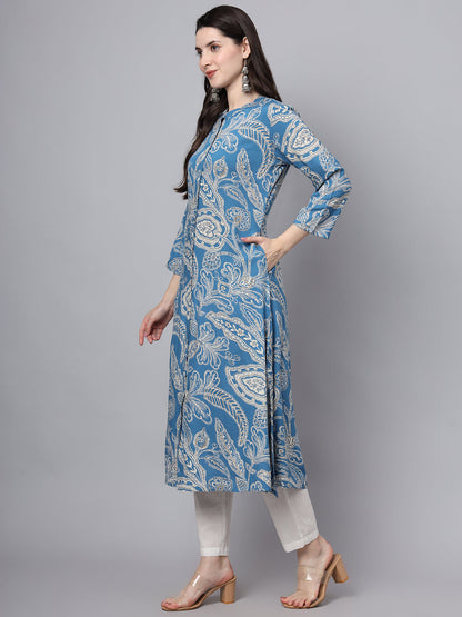Blue Rayon Printed-A-Line Kurta