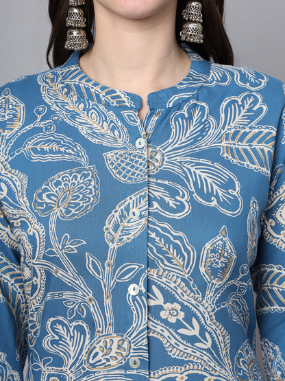 Blue Rayon Printed-A-Line Kurta