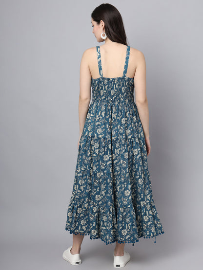 Floral Printed Shoulder Straps Cotton Flared Dress