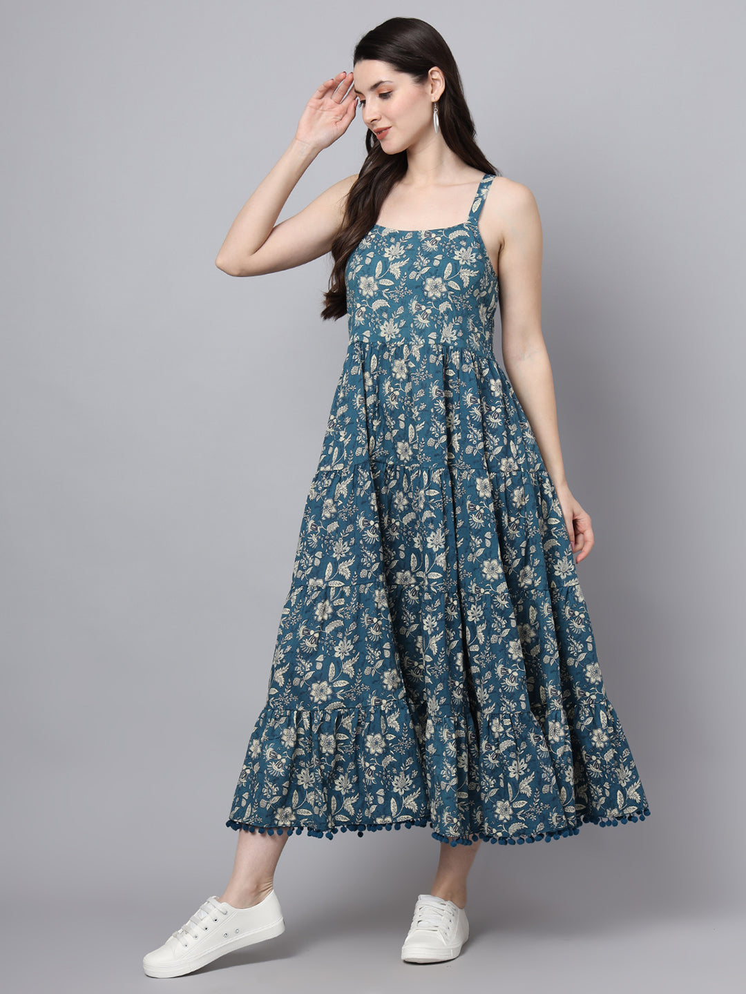 Floral Printed Shoulder Straps Cotton Flared Dress