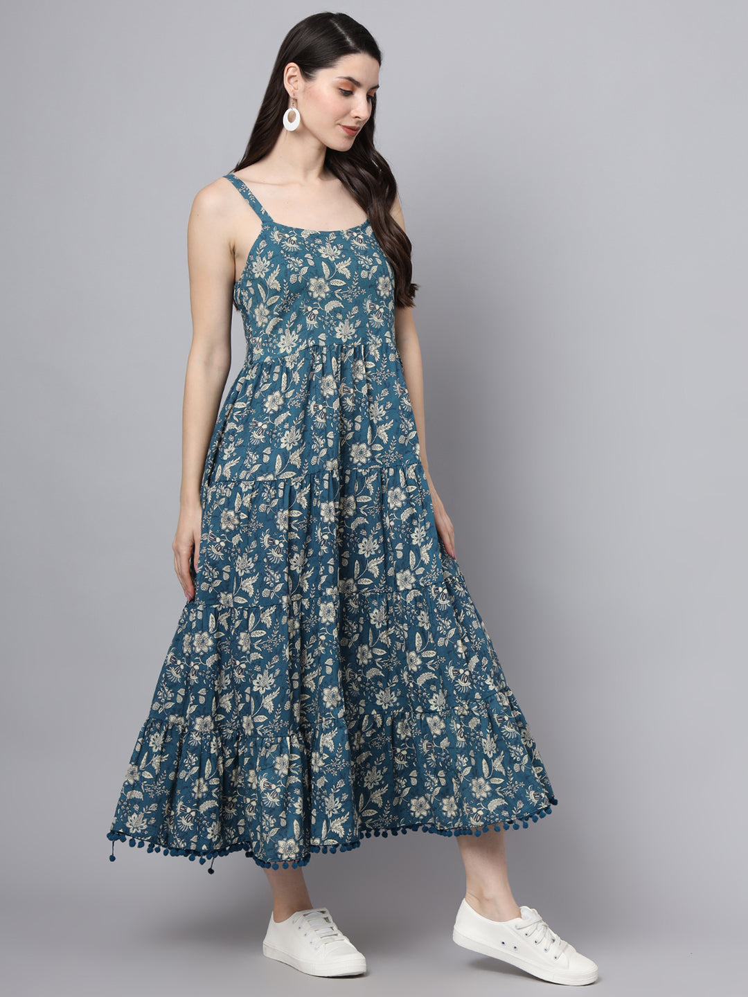 Floral Printed Shoulder Straps Cotton Flared Dress