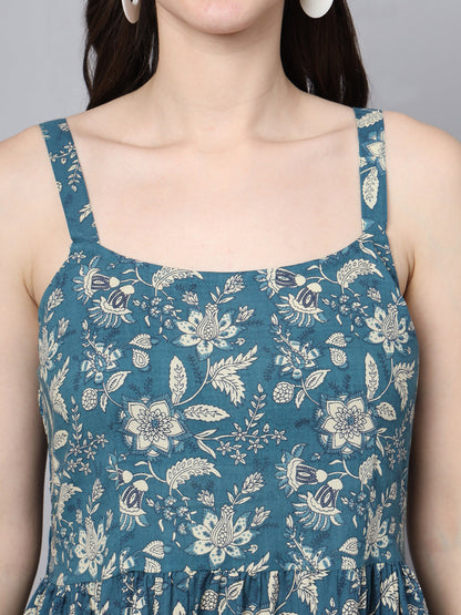 Floral Printed Shoulder Straps Cotton Flared Dress