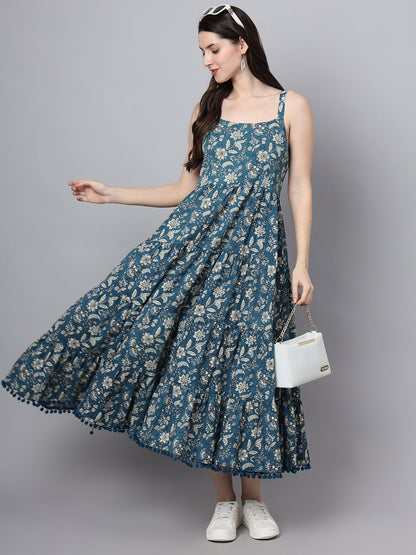 Floral Printed Shoulder Straps Cotton Flared Dress