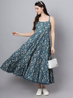 Floral Printed Shoulder Straps Cotton Flared Dress