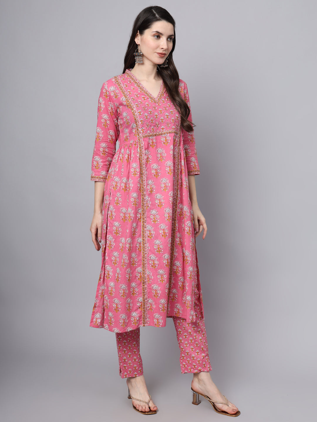 Pink Cotton Printed Sequin Work Kurta Set
