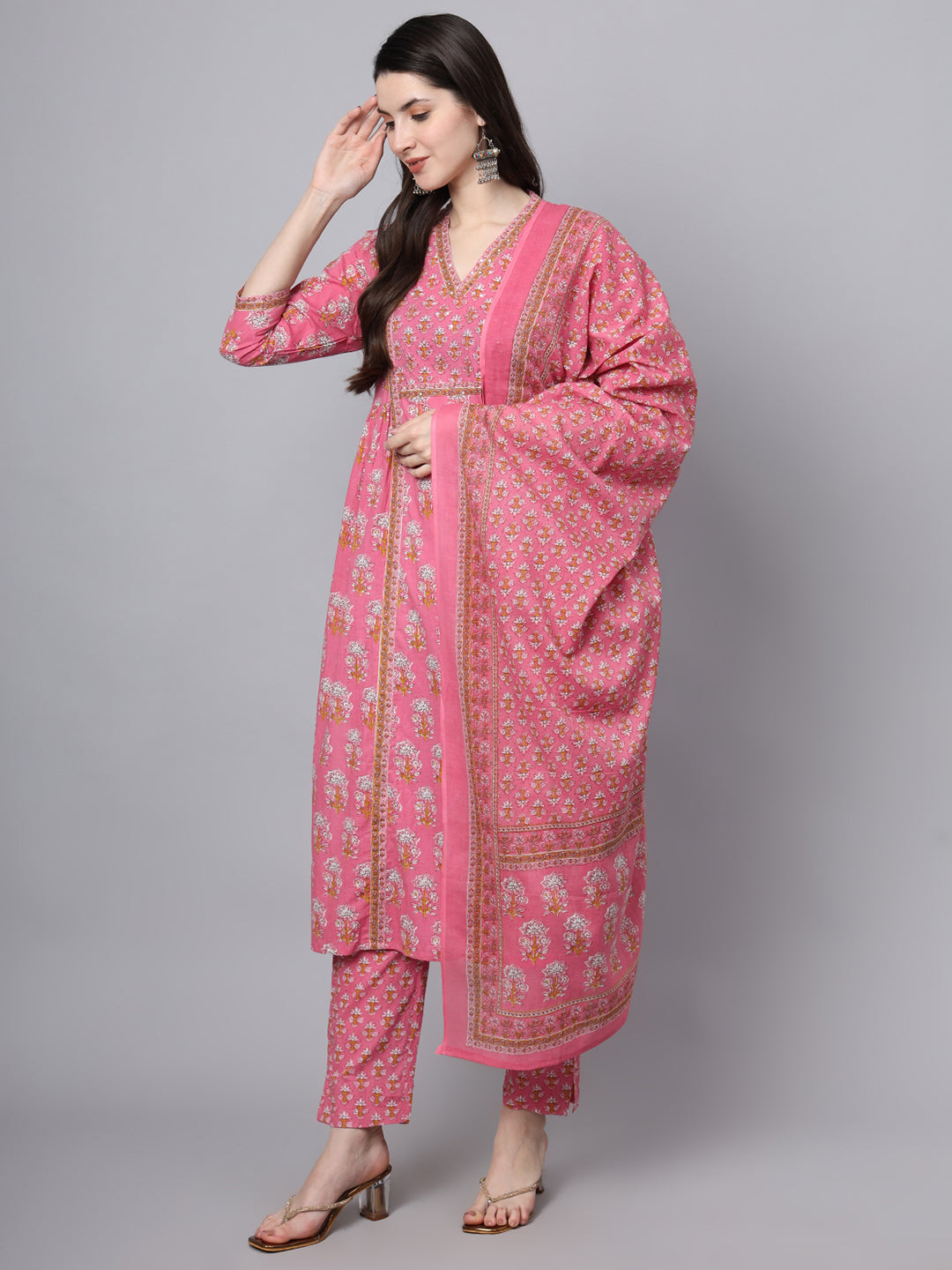 Pink Cotton Printed Sequin Work Kurta Set