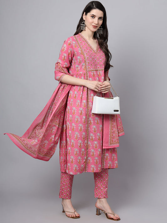 Pink Cotton Printed Sequin Work Kurta Set