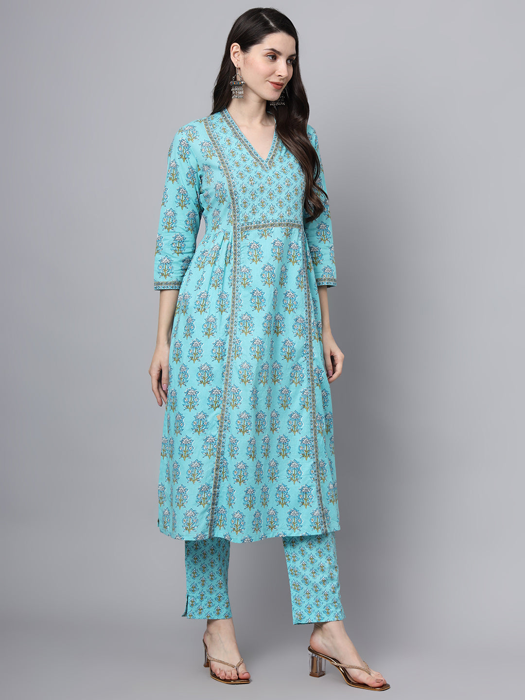 Sky Blue Cotton Printed Sequin Kurta Set