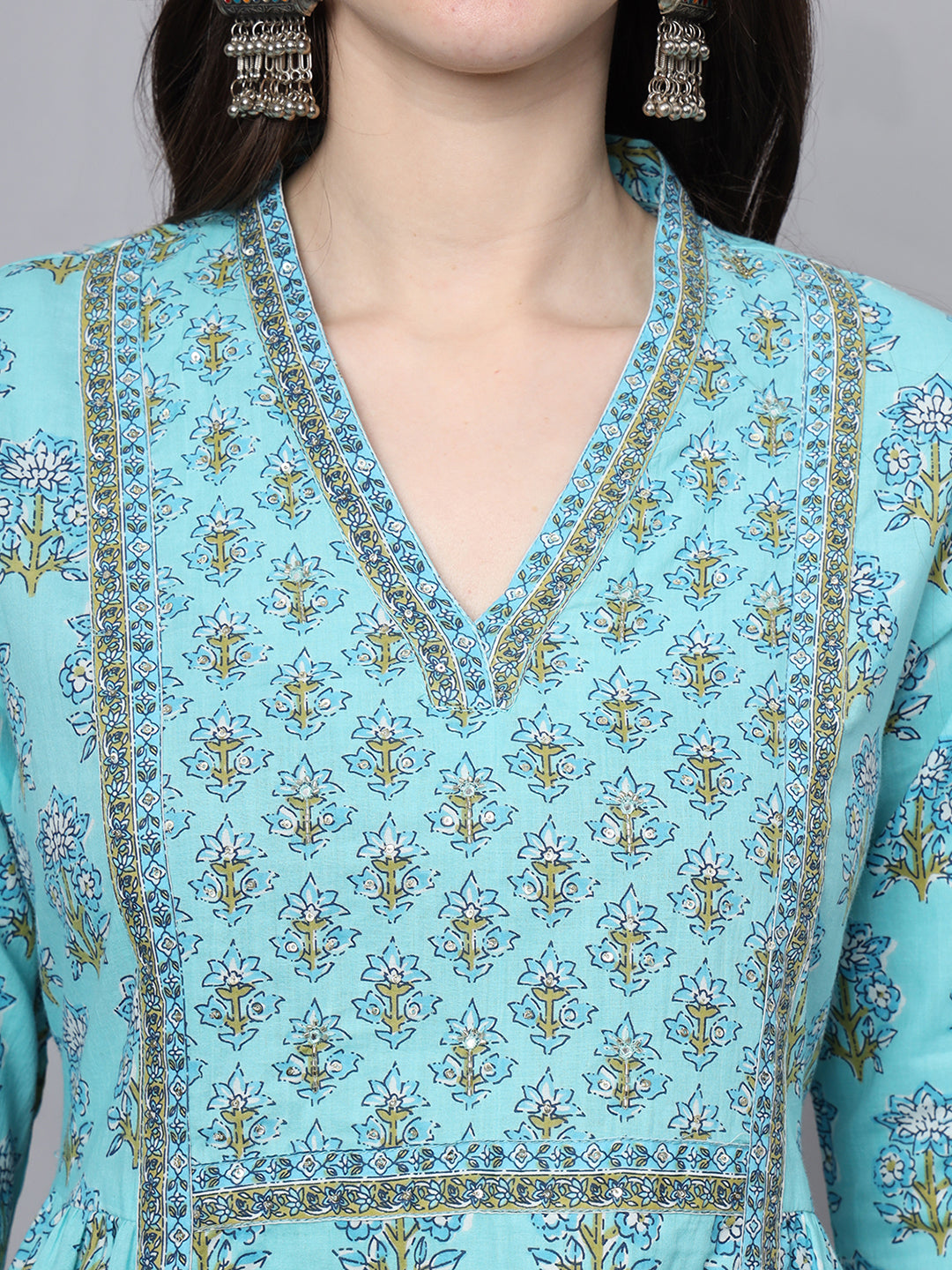 Sky Blue Cotton Printed Sequin Kurta Set