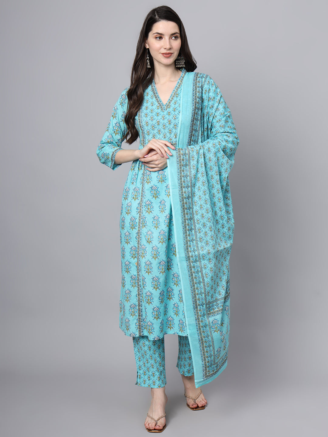 Sky Blue Cotton Printed Sequin Kurta Set