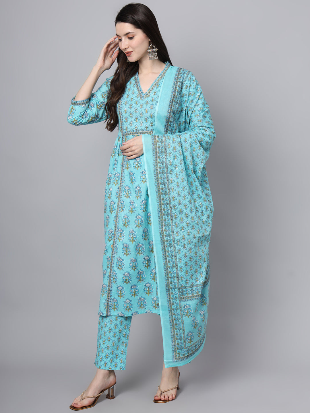 Sky Blue Cotton Printed Sequin Kurta Set
