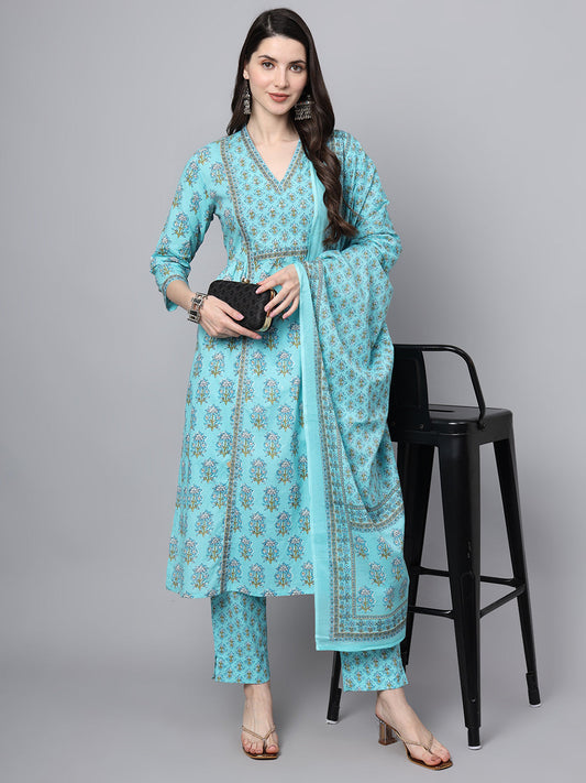 Sky Blue Cotton Printed Sequin Kurta Set