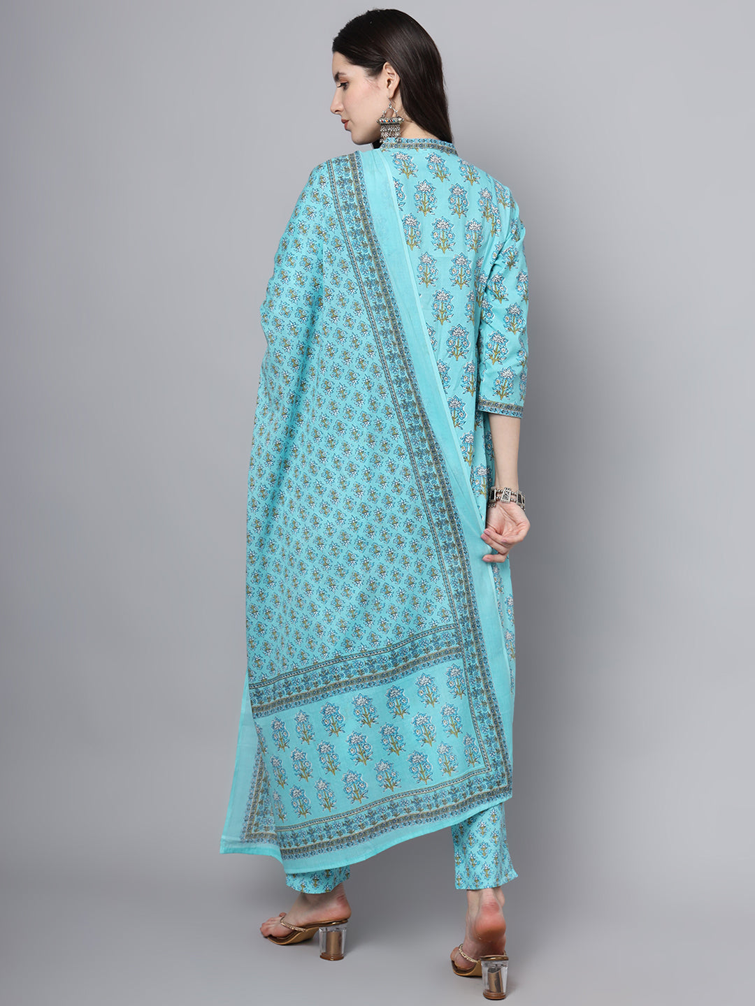 Sky Blue Cotton Printed Sequin Kurta Set