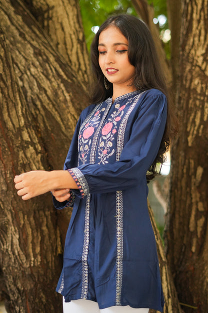 Rose Garden Embroidered Short Kurti - Blue