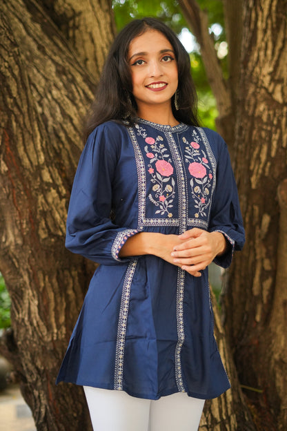 Rose Garden Embroidered Short Kurti - Blue