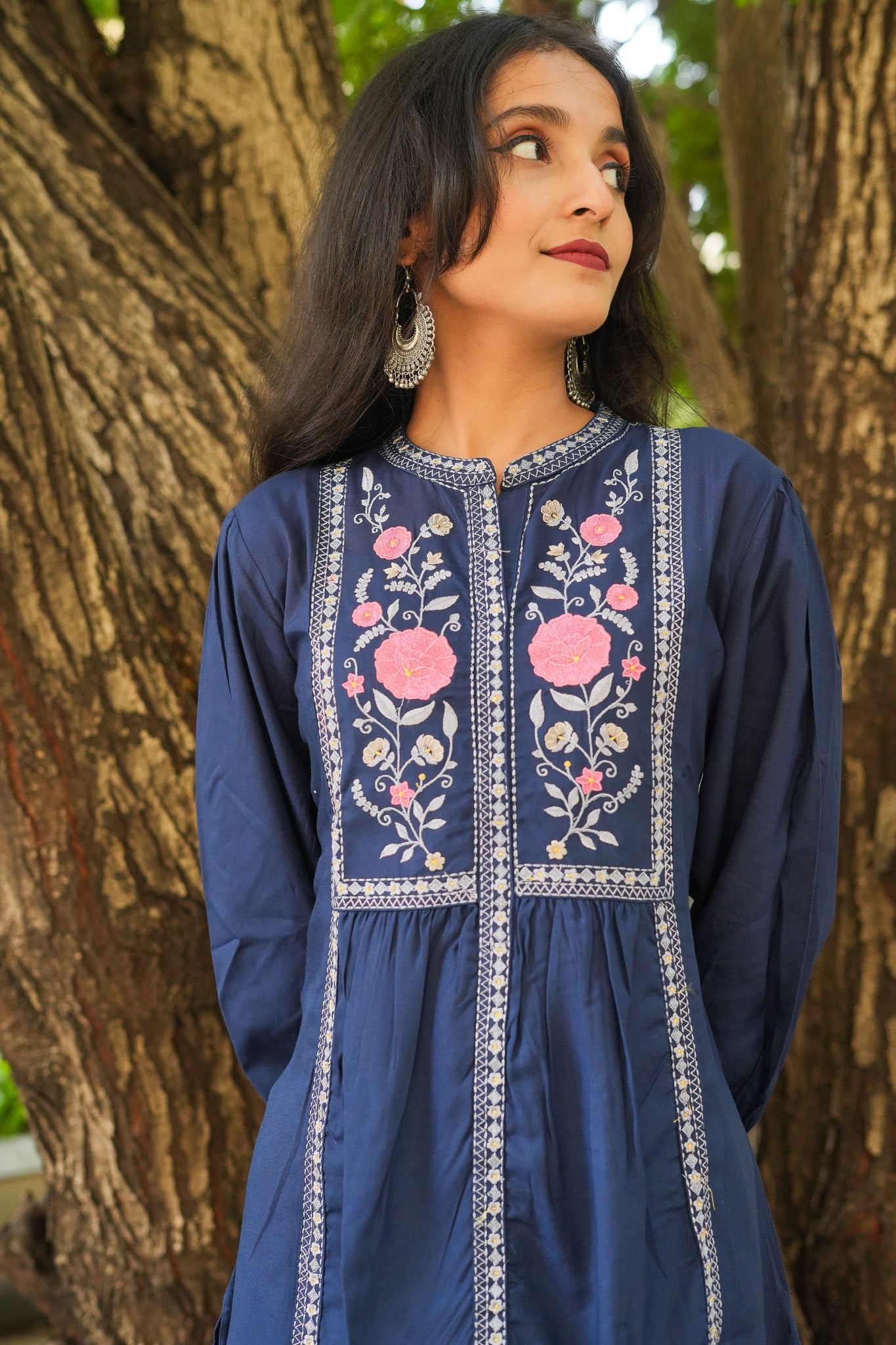 Rose Garden Embroidered Short Kurti - Blue