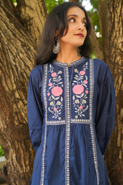 Rose Garden Embroidered Short Kurti - Blue