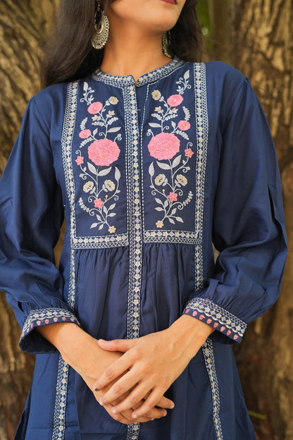 Rose Garden Embroidered Short Kurti - Blue