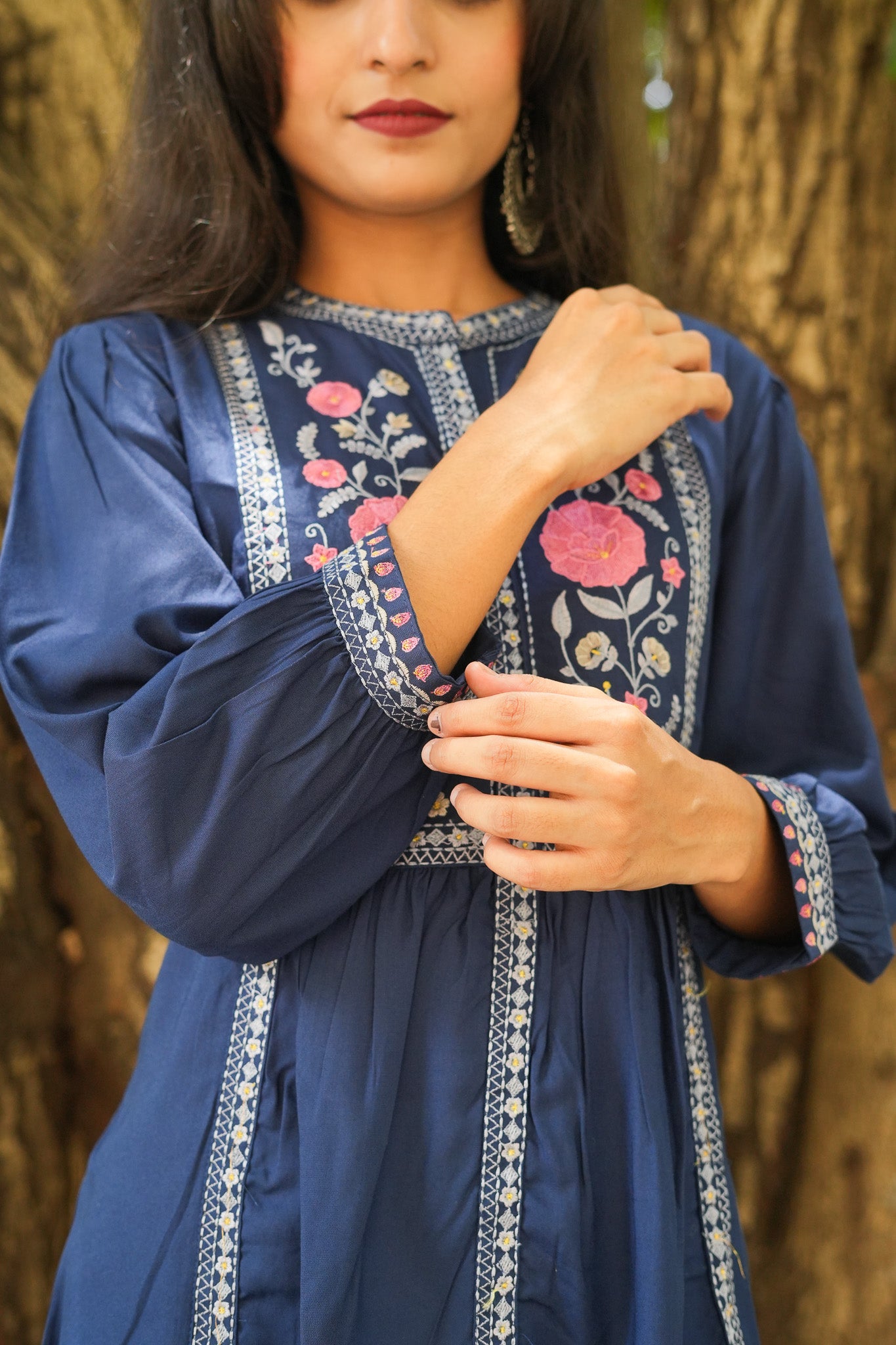 Rose Garden Embroidered Short Kurti - Blue