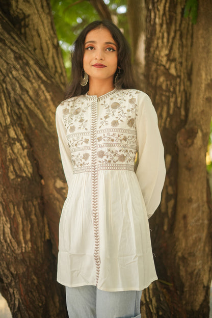 Floral Grace Peplum Kurti - White