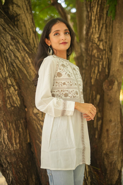 Floral Grace Peplum Kurti - White