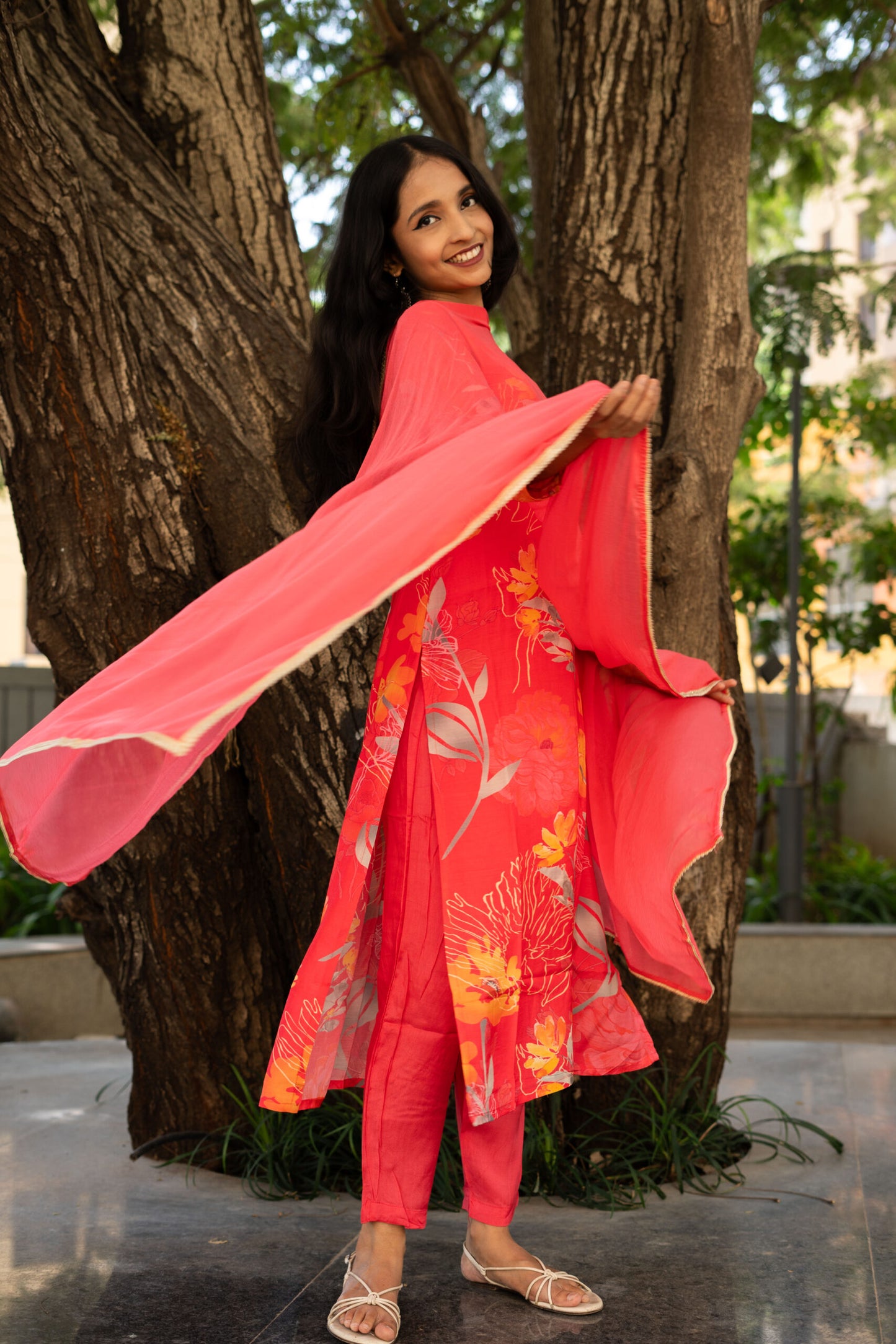 Vivid Pink Floral Fantasy Kurta Set With Dupatta