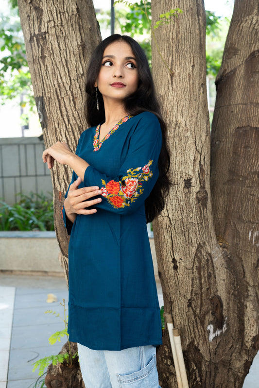 Rosy Petals Embroidered Neckline and Sleeves Kurta – Blue