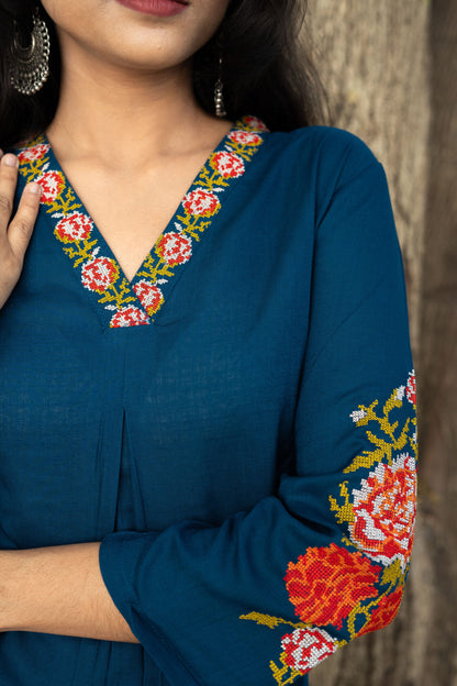 Rosy Petals Embroidered Neckline and Sleeves Kurta – Blue