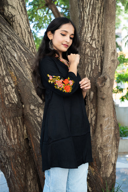 Rosy Petals Embroidered Neckline and Sleeves Kurta - Black