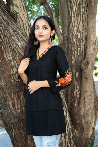 Rosy Petals Embroidered Neckline and Sleeves Kurta - Black