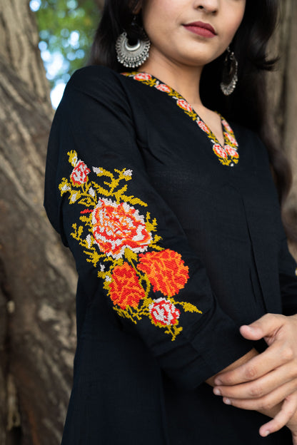 Rosy Petals Embroidered Neckline and Sleeves Kurta - Black