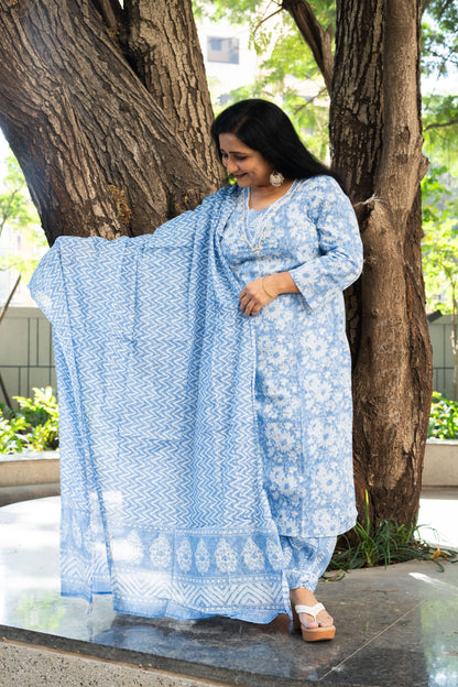 Cerulean Petals Straight Kurta Set With Dupatta